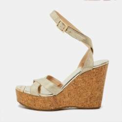 Pre Owned Jimmy Choo Gold Coated Fabric Cork Platform Wedge Sandals Size 36