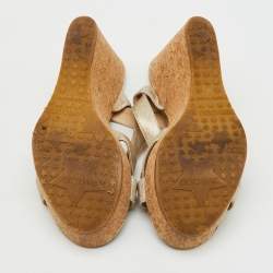 Pre Owned Jimmy Choo Gold Coated Fabric Cork Platform Wedge Sandals Size 36