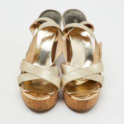 Pre Owned Jimmy Choo Gold Coated Fabric Cork Platform Wedge Sandals Size 36