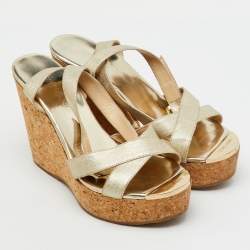 Pre Owned Jimmy Choo Gold Coated Fabric Cork Platform Wedge Sandals Size 36