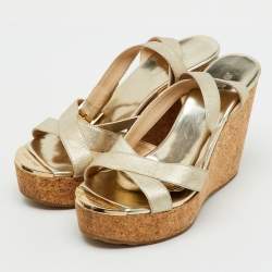 Pre Owned Jimmy Choo Gold Coated Fabric Cork Platform Wedge Sandals Size 36