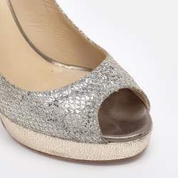 Pre Owned Jimmy Choo Metallic Silver/Gold Lamé Fabric And Glitter Dahlia Platform Pumps Size 40