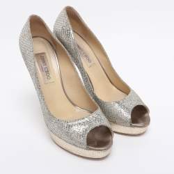 Pre Owned Jimmy Choo Metallic Silver/Gold Lamé Fabric And Glitter Dahlia Platform Pumps Size 40