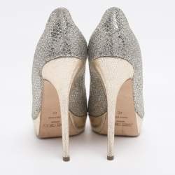 Pre Owned Jimmy Choo Metallic Silver/Gold Lamé Fabric And Glitter Dahlia Platform Pumps Size 40