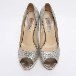Pre Owned Jimmy Choo Metallic Silver/Gold Lamé Fabric And Glitter Dahlia Platform Pumps Size 40