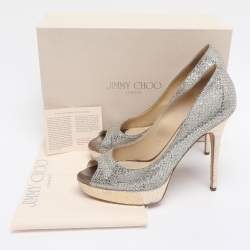 Pre Owned Jimmy Choo Metallic Silver/Gold Lamé Fabric And Glitter Dahlia Platform Pumps Size 40