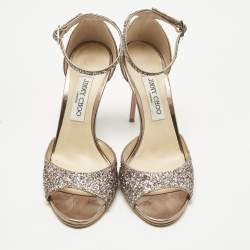 Pre Owned Jimmy Choo Metallic Coarse Glitter Annie Peep Toe Ankle Strap Sandals Size 39