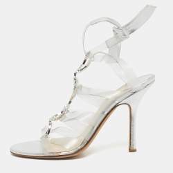 Pre Owned Jimmy Choo Silver Leather and PVC Strappy Tie Up Sandals Size 39