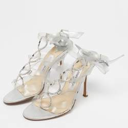 Pre Owned Jimmy Choo Silver Leather and PVC Strappy Tie Up Sandals Size 39