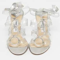 Pre Owned Jimmy Choo Silver Leather and PVC Strappy Tie Up Sandals Size 39