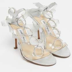 Pre Owned Jimmy Choo Silver Leather and PVC Strappy Tie Up Sandals Size 39