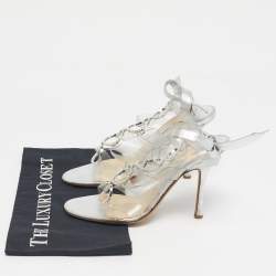 Pre Owned Jimmy Choo Silver Leather and PVC Strappy Tie Up Sandals Size 39