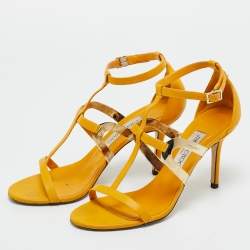 Pre Owned Jimmy Choo Yellow Leather T Strap Sandals Size 38.5
