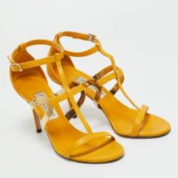 Pre Owned Jimmy Choo Yellow Leather T Strap Sandals Size 38.5