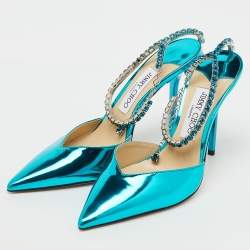 Pre Owned Jimmy Choo Blue Patent Leather Saeda Crystal Pointed Toe Pumps Size 38.5