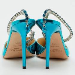 Pre Owned Jimmy Choo Blue Patent Leather Saeda Crystal Pointed Toe Pumps Size 38.5
