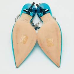 Pre Owned Jimmy Choo Blue Patent Leather Saeda Crystal Pointed Toe Pumps Size 38.5