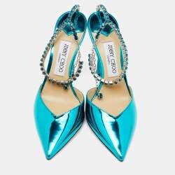 Pre Owned Jimmy Choo Blue Patent Leather Saeda Crystal Pointed Toe Pumps Size 38.5