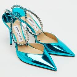 Pre Owned Jimmy Choo Blue Patent Leather Saeda Crystal Pointed Toe Pumps Size 38.5