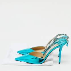 Pre Owned Jimmy Choo Blue Patent Leather Saeda Crystal Pointed Toe Pumps Size 38.5