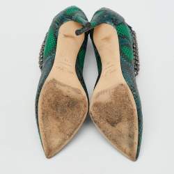 Pre Owned Jimmy Choo Green/Blue Snakeskin Vamp Crystal Embellished Ankle Strap Pumps Size 38