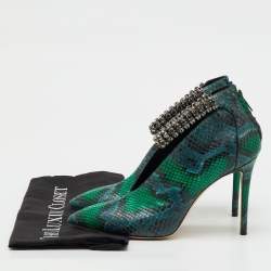 Pre Owned Jimmy Choo Green/Blue Snakeskin Vamp Crystal Embellished Ankle Strap Pumps Size 38