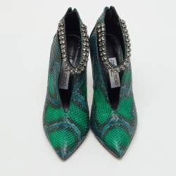 Pre Owned Jimmy Choo Green/Blue Snakeskin Vamp Crystal Embellished Ankle Strap Pumps Size 38