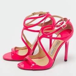 Pre Owned Jimmy Choo Pink Patent Leather Lance Ankle Strap Sandals Size 36.5