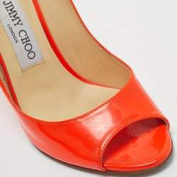 Pre Owned Jimmy Choo Orange Patent Leather Wedge Peep Toe Pumps Size 37