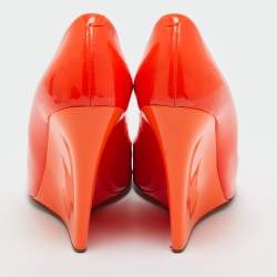 Pre Owned Jimmy Choo Orange Patent Leather Wedge Peep Toe Pumps Size 37