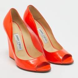 Pre Owned Jimmy Choo Orange Patent Leather Wedge Peep Toe Pumps Size 37