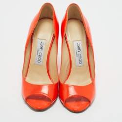 Pre Owned Jimmy Choo Orange Patent Leather Wedge Peep Toe Pumps Size 37