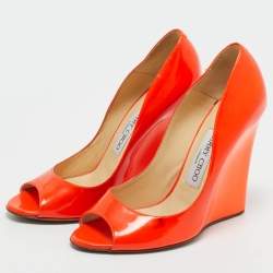 Pre Owned Jimmy Choo Orange Patent Leather Wedge Peep Toe Pumps Size 37