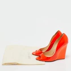 Pre Owned Jimmy Choo Orange Patent Leather Wedge Peep Toe Pumps Size 37