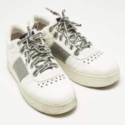 Pre Owned Jimmy Choo White/Silver Leather Studded Hawaii/F Low Top Sneakers Size 40
