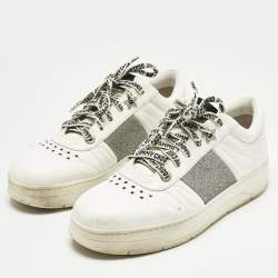 Pre Owned Jimmy Choo White/Silver Leather Studded Hawaii/F Low Top Sneakers Size 40
