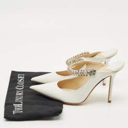 Pre Owned Jimmy Choo White Glitter Bing Crystal Embellished Pointed Toe Mule Size 37.5
