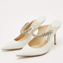 Pre Owned Jimmy Choo White Glitter Bing Crystal Embellished Pointed Toe Mule Size 37.5