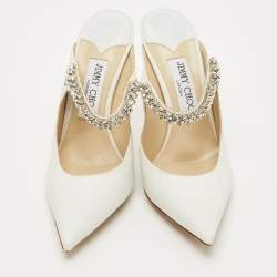 Pre Owned Jimmy Choo White Glitter Bing Crystal Embellished Pointed Toe Mule Size 37.5