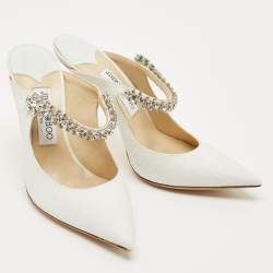 Pre Owned Jimmy Choo White Glitter Bing Crystal Embellished Pointed Toe Mule Size 37.5