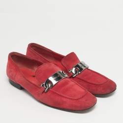 Pre Owned Jimmy Choo Red Suede Logo Slip On Loafers Size 38