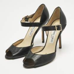 Pre Owned Jimmy Choo Black Leather Peep Toe Ankle Strap Sandals Size 37