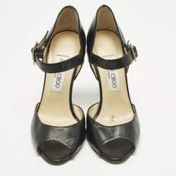 Pre Owned Jimmy Choo Black Leather Peep Toe Ankle Strap Sandals Size 37