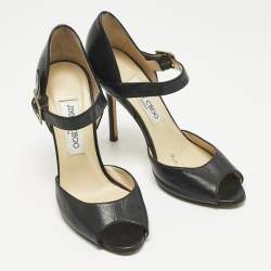 Pre Owned Jimmy Choo Black Leather Peep Toe Ankle Strap Sandals Size 37