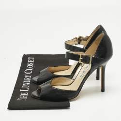 Pre Owned Jimmy Choo Black Leather Peep Toe Ankle Strap Sandals Size 37