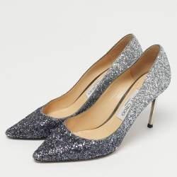 Pre Owned Jimmy Choo Navy Blue/Silver Coarse Glitter Romy Pointed Toe Pumps Size 38