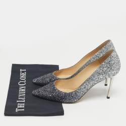 Pre Owned Jimmy Choo Navy Blue/Silver Coarse Glitter Romy Pointed Toe Pumps Size 38