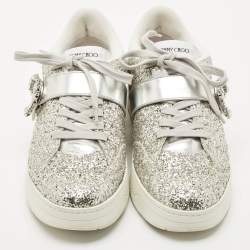 Pre Owned Jimmy Choo Silver Glitter and Leather Osaka Sneakers Size 41 