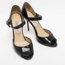 Pre Owned Jimmy Choo Black Patent Leather Ankle Strap Pumps Size 38.5