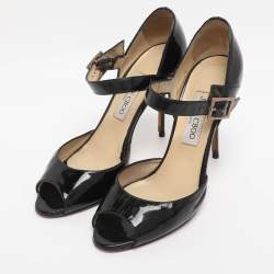 Pre Owned Jimmy Choo Black Patent Leather Ankle Strap Pumps Size 38.5